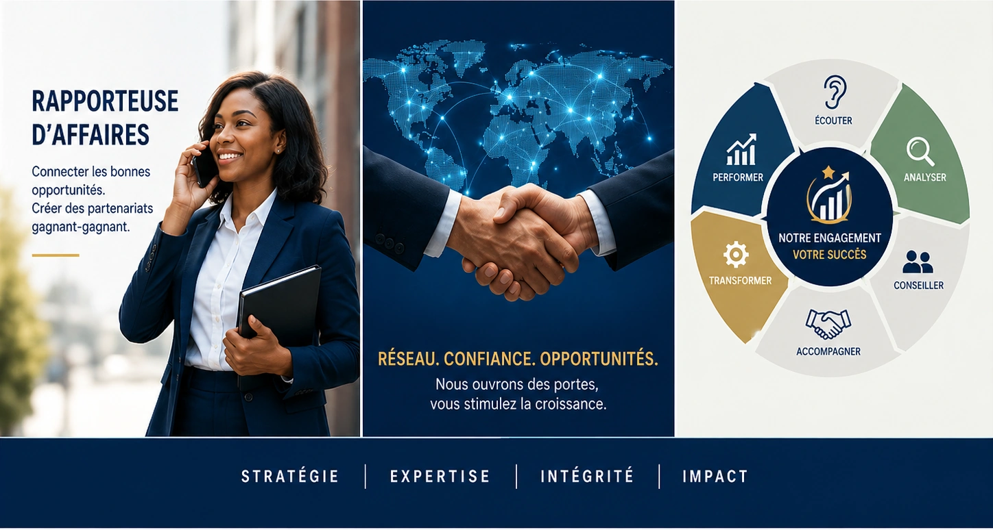 Rapporteuse d'affaires : connecter les bonnes opportunités, créer des partenariats gagnant-gagnant — stratégie, expertise, intégrité, impact