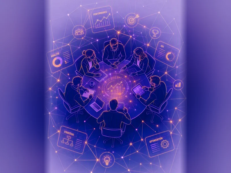 Phase de transformation stratégique digitale : équipe réunie autour d'un tableau de bord d'analyse, de stratégie et de performance