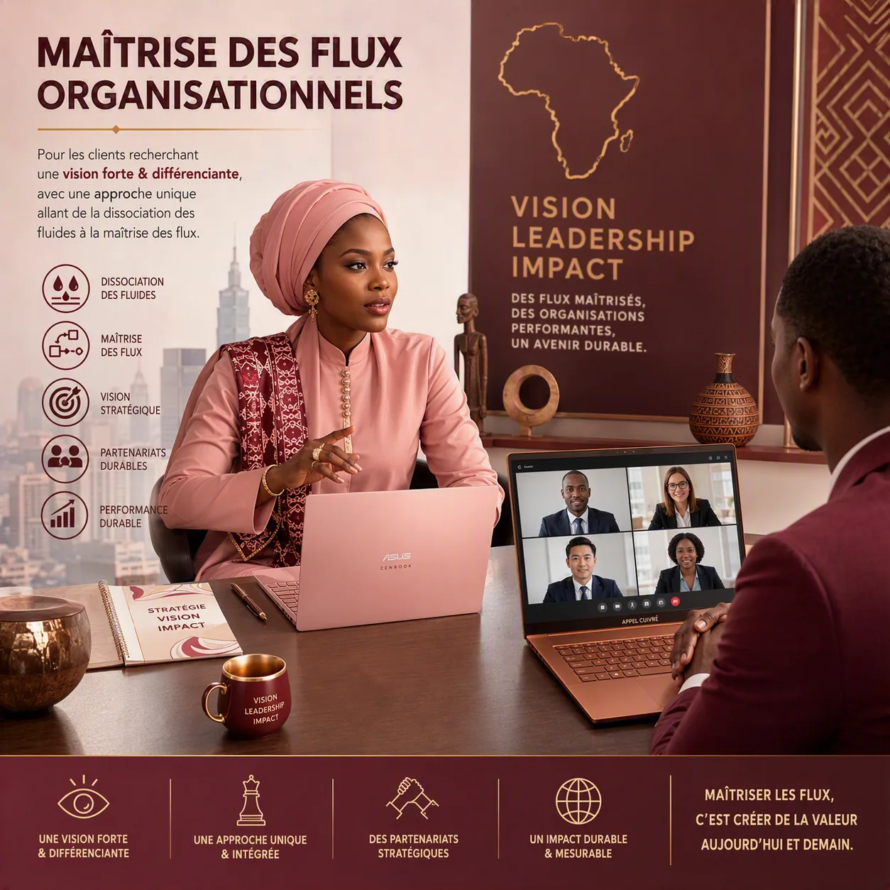 Maîtrise des flux organisationnels — pour les clients recherchant une vision forte & différenciante, avec une approche unique allant de la dissociation des fluides à la maîtrise des flux. Dissociation des fluides, maîtrise des flux, vision stratégique, partenariats durables, performance durable.