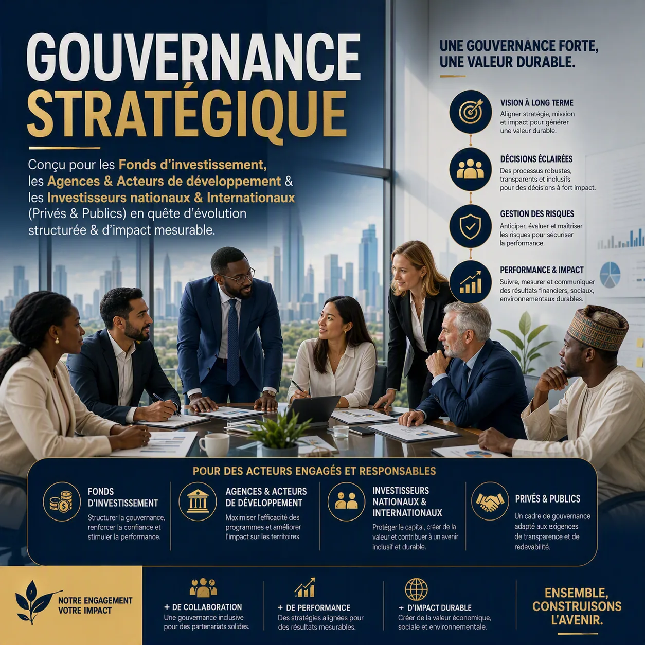 Gouvernance stratégique — conçu pour les Fonds d'investissement, les Agences & Acteurs de développement & les Investisseurs nationaux & internationaux, privés & publics, en quête d'évolution structurée & d'impact mesurable. Vision à long terme, décisions éclairées, gestion des risques, performance & impact.