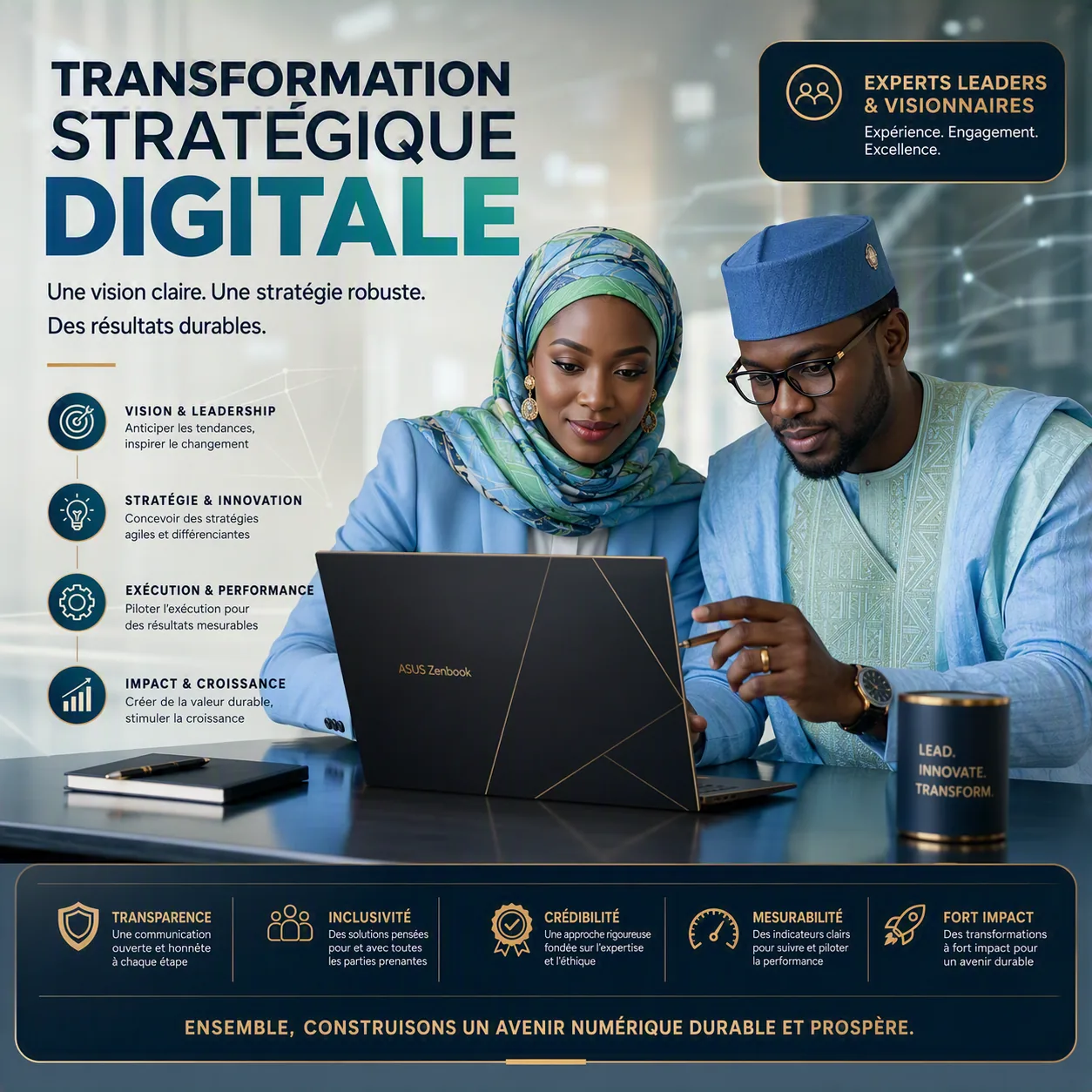 Transformation Stratégique Digitale — une vision claire, une stratégie robuste, des résultats durables. Vision & leadership, stratégie & innovation, exécution & performance, impact & croissance. Transparence, inclusivité, crédibilité, mesurabilité, fort impact.