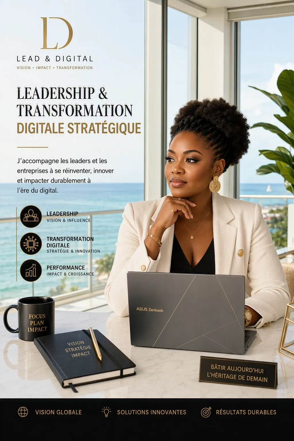 Lead & Digital — vision, impact, transformation. Leadership & Transformation Digitale Stratégique : accompagner les leaders et les entreprises à se réinventer, innover et impacter durablement à l'ère du digital. Leadership, vision & influence ; transformation digitale, stratégie & innovation ; performance, impact & croissance.