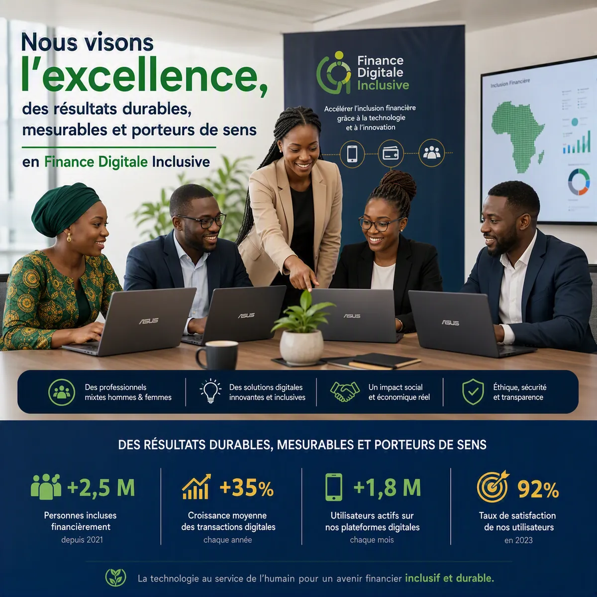 Excellence — nous visons des résultats durables, mesurables et porteurs de sens en finance digitale inclusive.